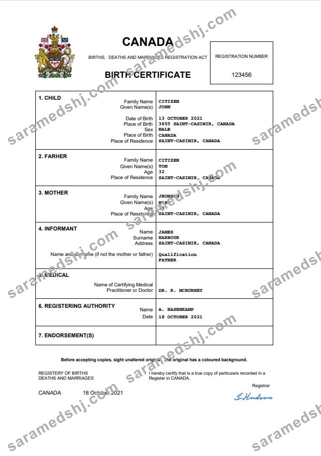 Canada birth certificate Word and PDF template